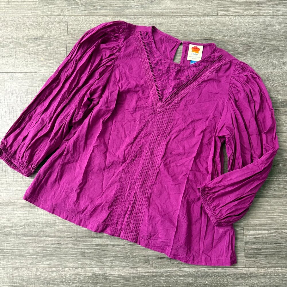 Farm Rio Anthropologie Kelsie Purple Cotton Lace Puff Sleeve Top Sz Large Blouse - Picture 2 of 10